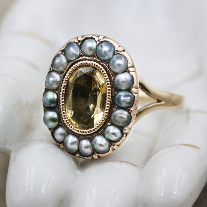 c1850 Natural Black Pearl and Citrine Ring