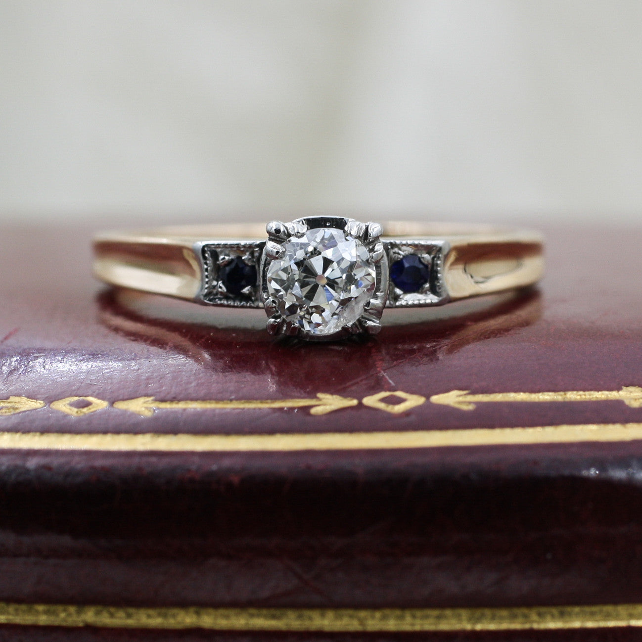 c1930 Transitional Cut Diamond and Sapphire Ring