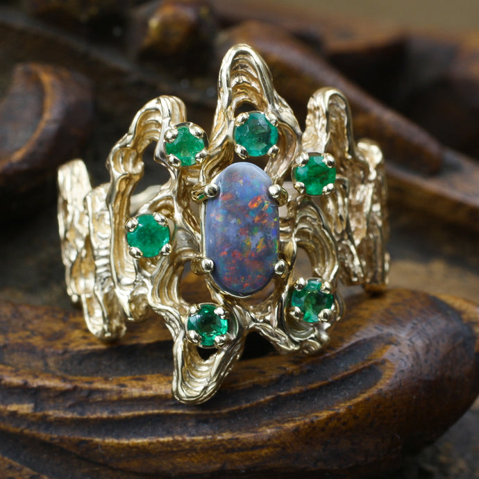 Brutalist Boulder Opal and Emerald Ring c1970
