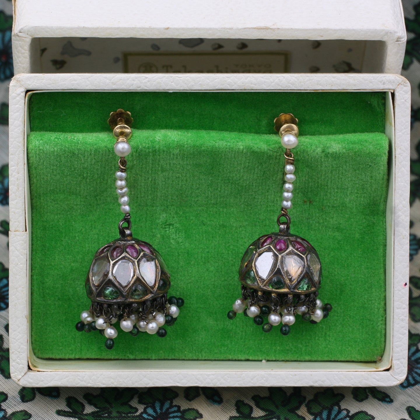 Antique Indian Rose Cut Diamond and Gemstone Drop Earrings