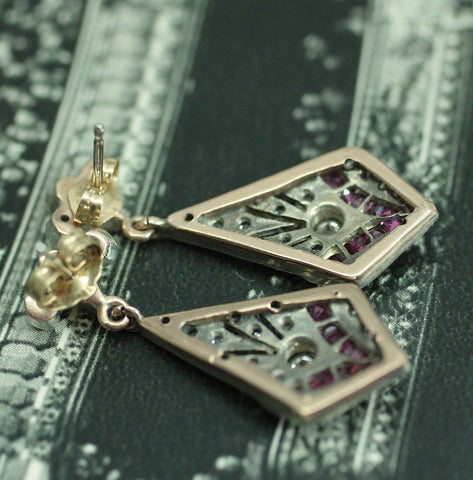 Circa 1920's Handmade Diamond & Synthetic Ruby Earrings