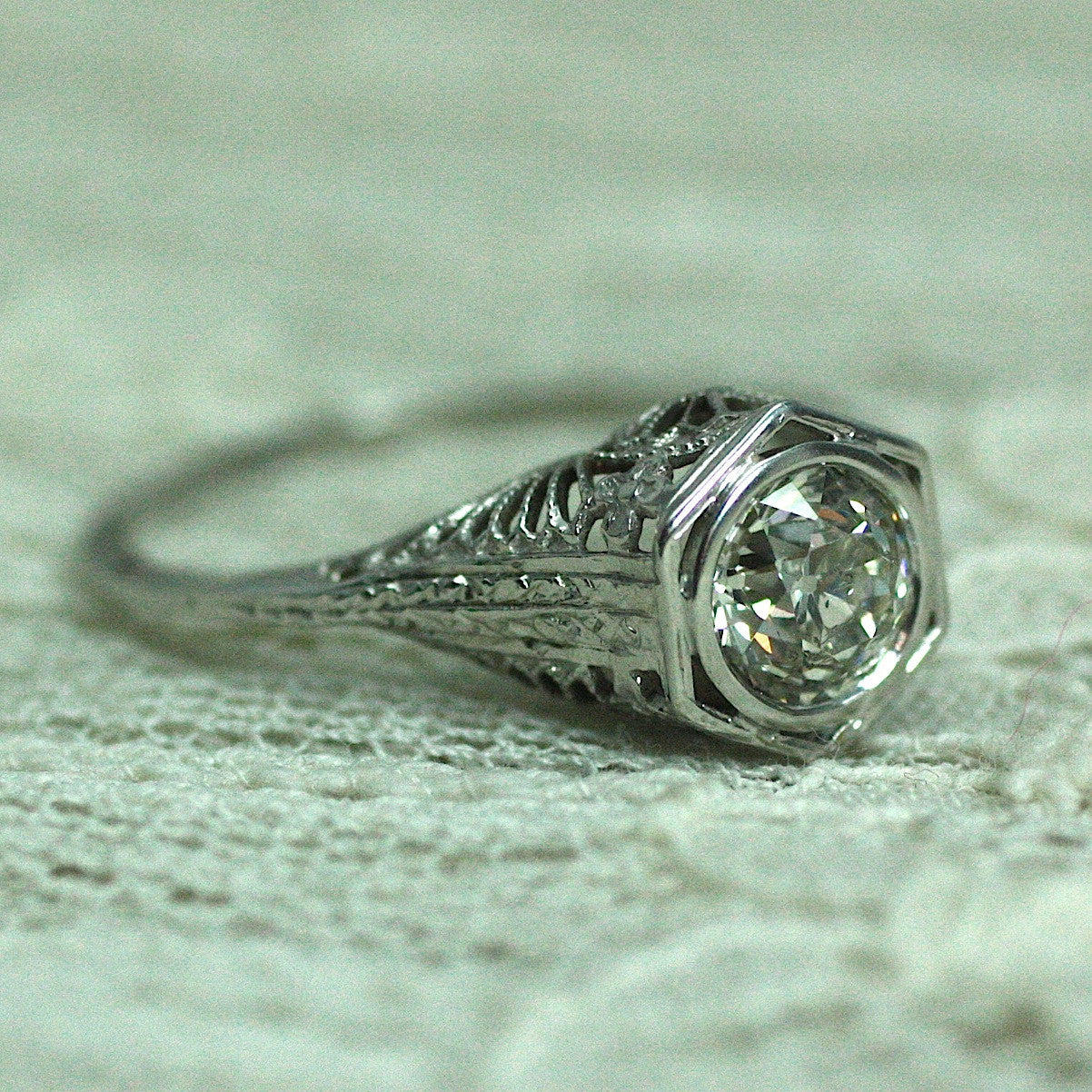 Circa 1920's 18K Filigree Diamond Engagement Ring