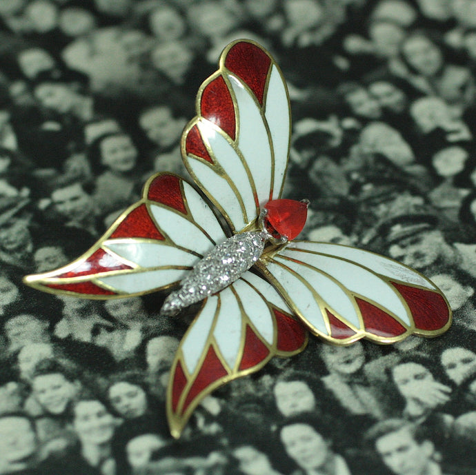 Circa 1930's 18K Enamel & Mexican Fire Opal butterfly brooch