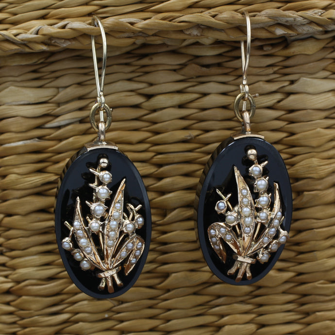 Wheat Onyx and Pearl Earrings c1890