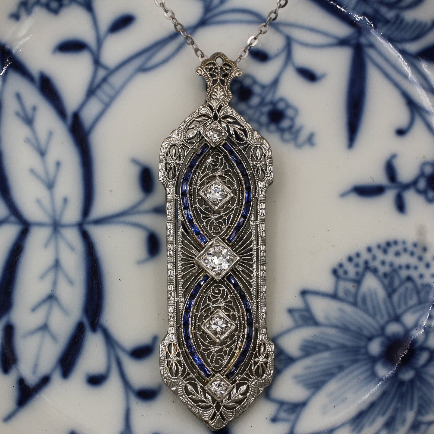 c1920 Deco Sapphire and Diamond Filigree Pendant- Front View