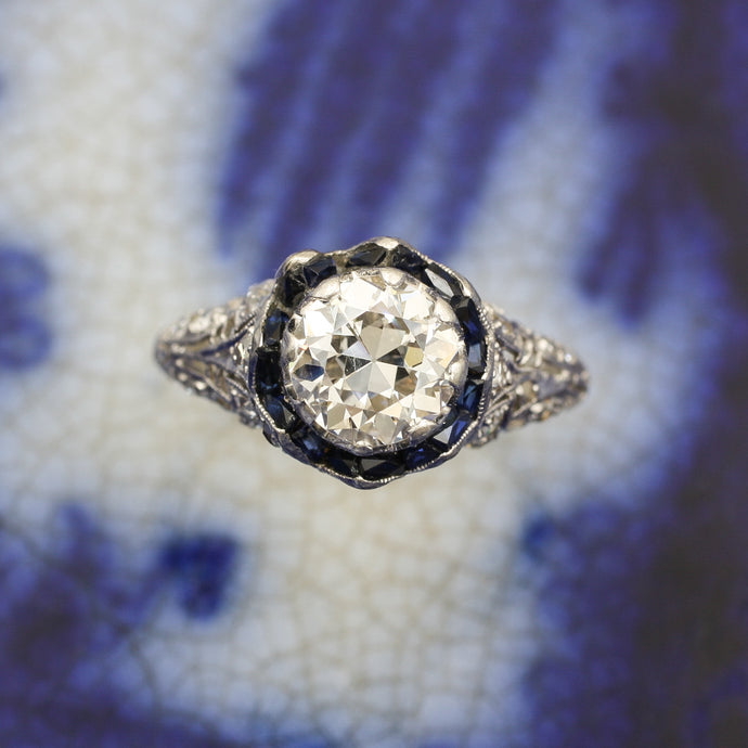 c1920 1.25 Carat Diamond and Sapphire Halo Bloom Ring
