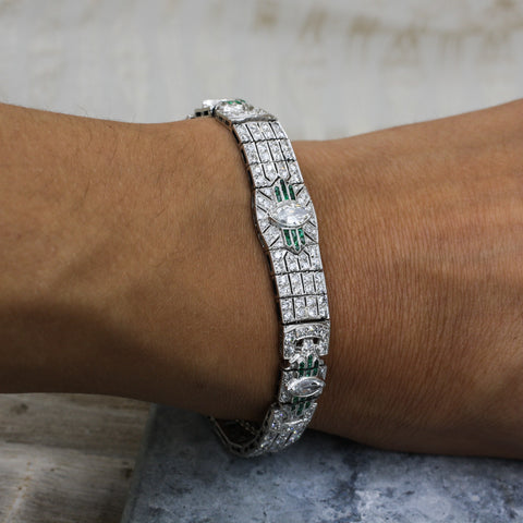 c1910 Handmade Platinum 7.5 Carat Diamond and Emerald Bracelet- On Model