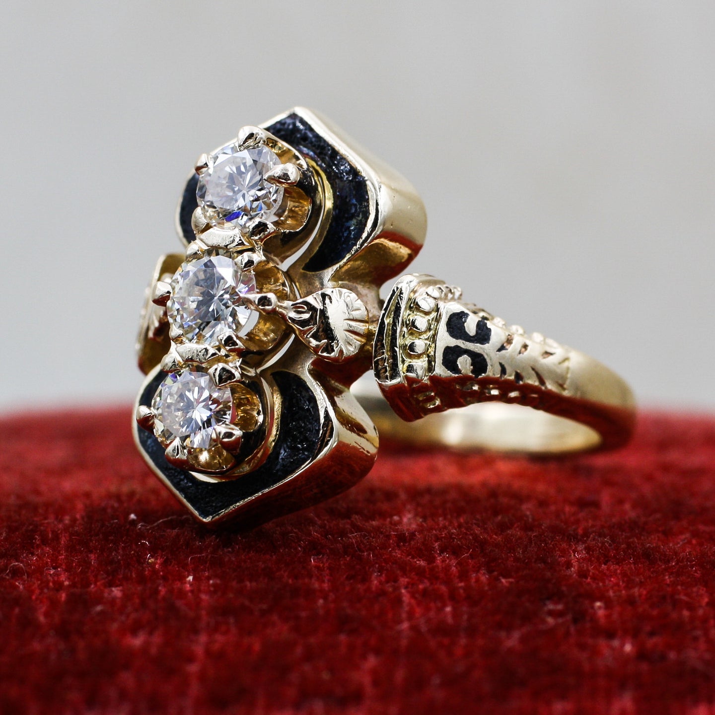 1930s-50s Victorian Reproduction Enamel and Diamond Ring- Shoulder View