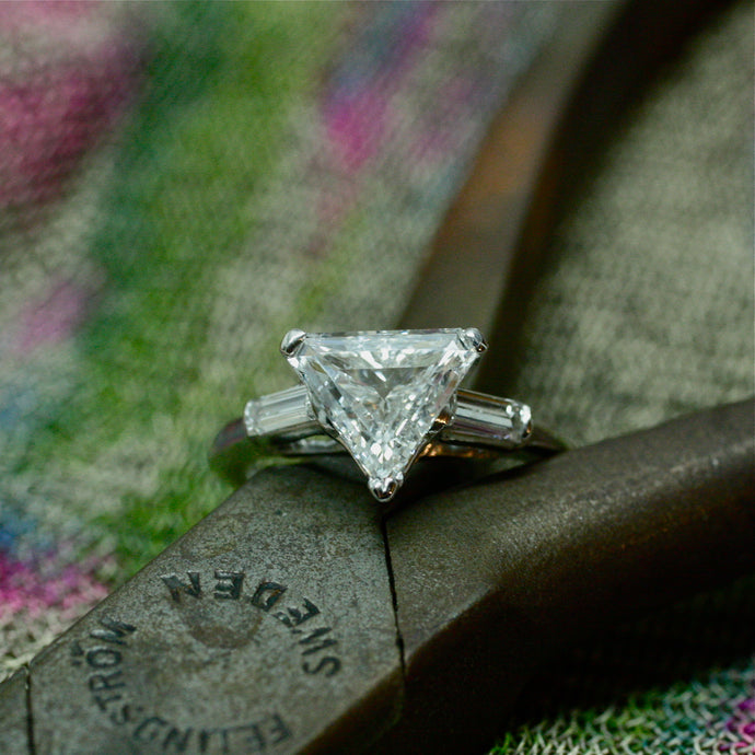 1950s handmade platinum triangle cut diamond engagement ring