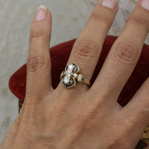 1930s-50s Victorian Reproduction Enamel and Diamond Ring- On Model