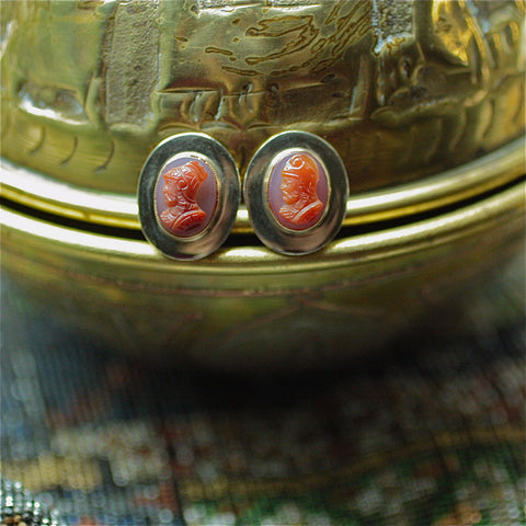 Victorian Era hand carved hardstone cameo earrings in 14k gold
