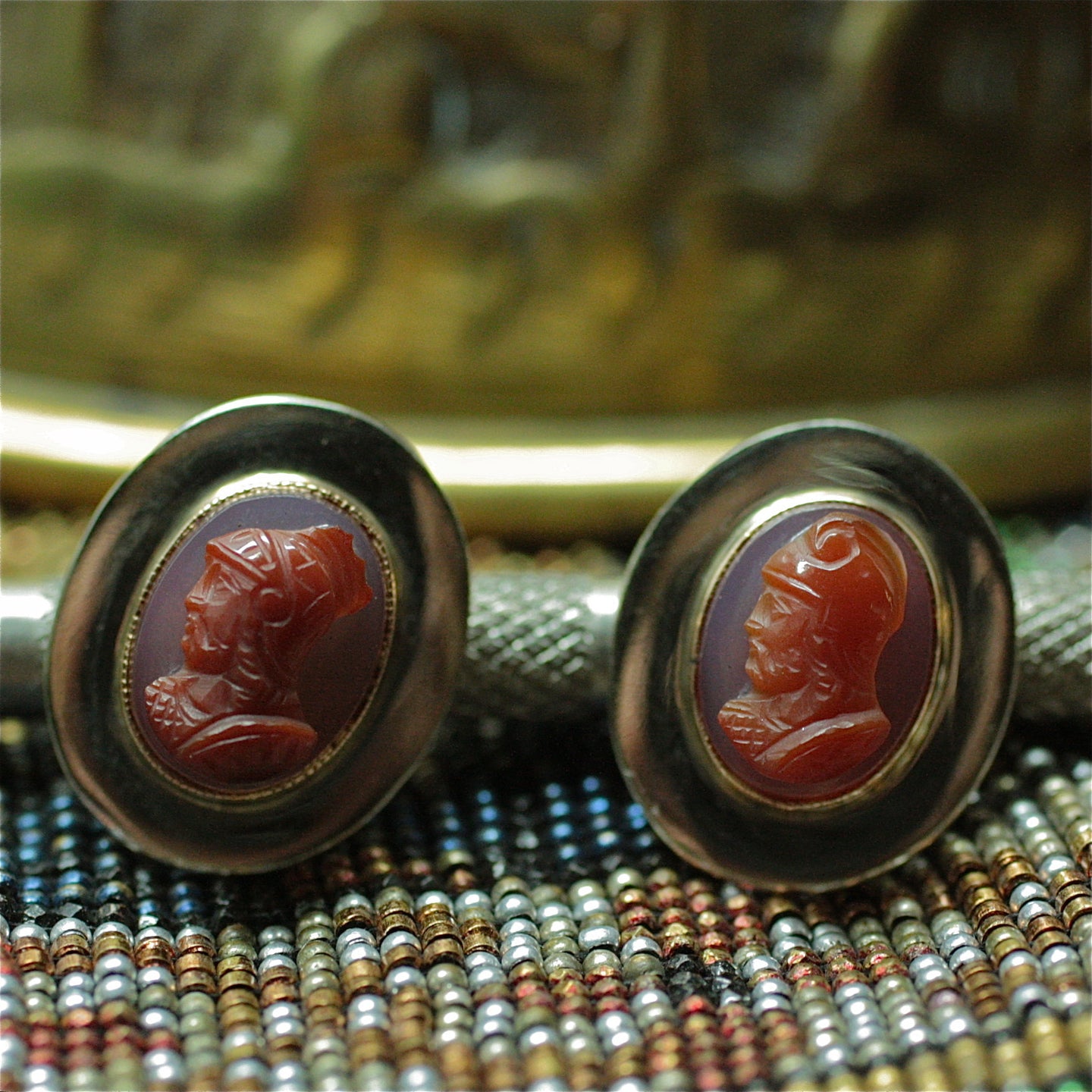 Victorian Era hand carved hardstone cameo earrings in 14k gold