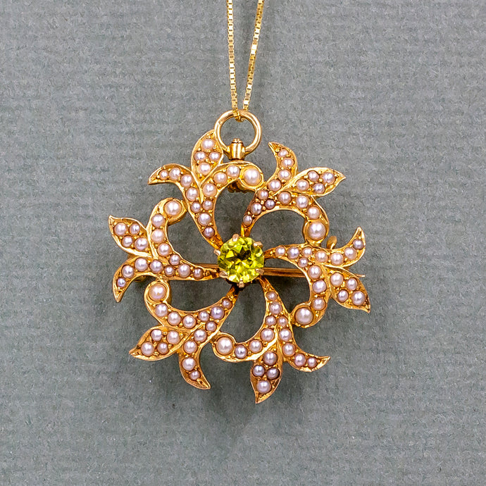 Peridot & Seed Pearl Pin-Pendant c1910