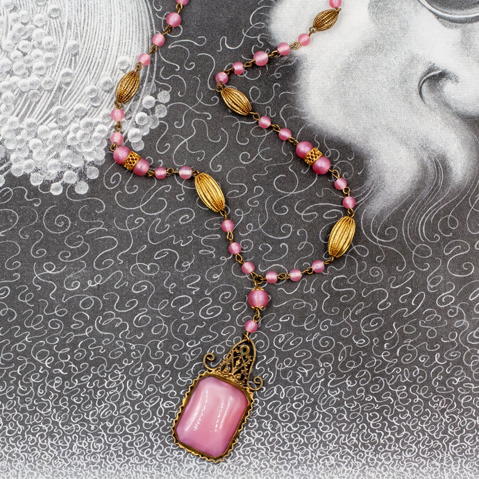Pink Czech Glass Pendant Necklace c1930