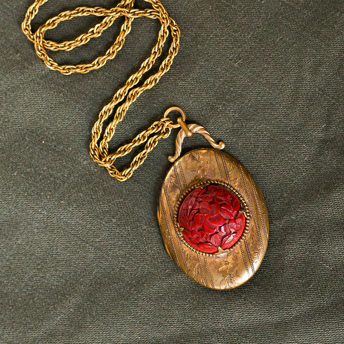 Carved Cinnabar Locket c1930