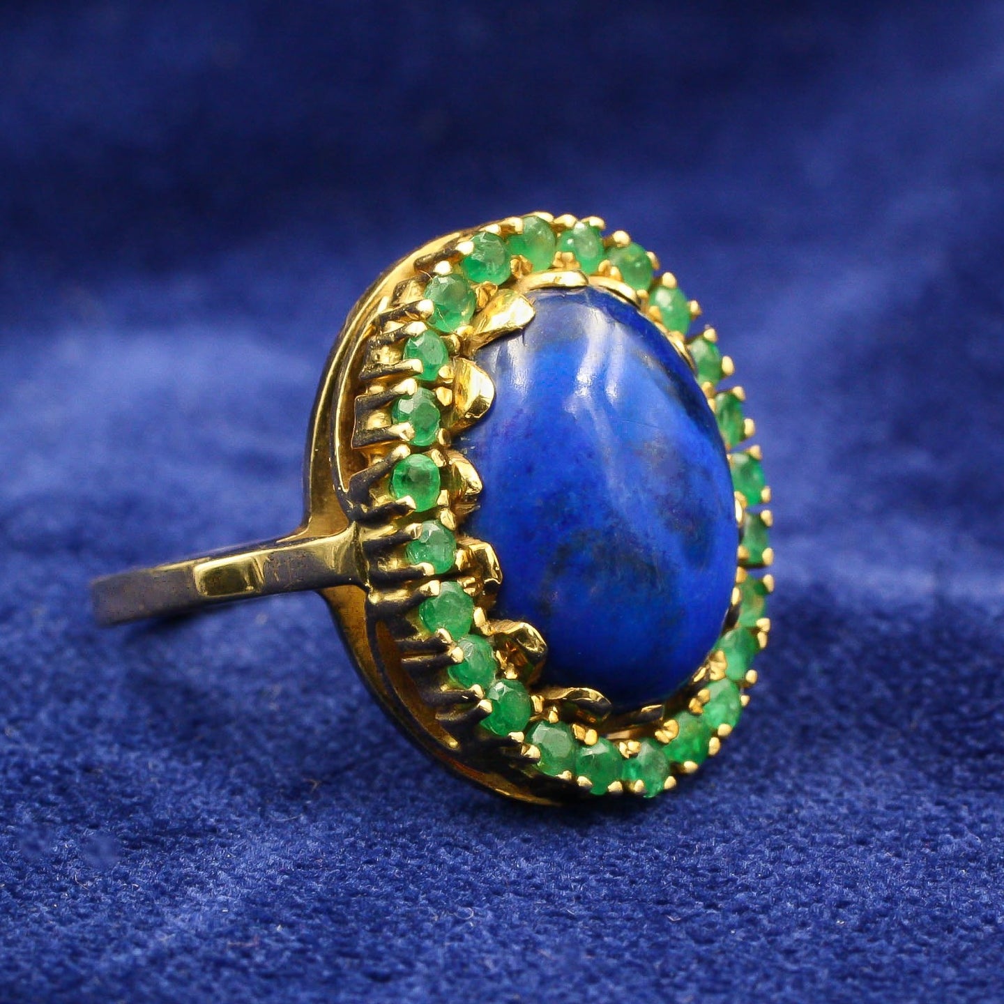 Lapis Ring With Emerald Halo c1960